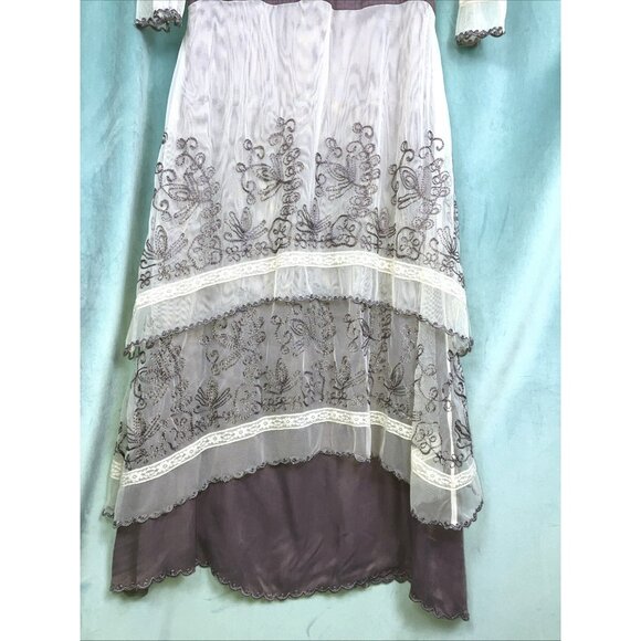 36 Bust Nataya Tiered Edwardian Style Dress Gray Ivory S - Picture 3 of 6